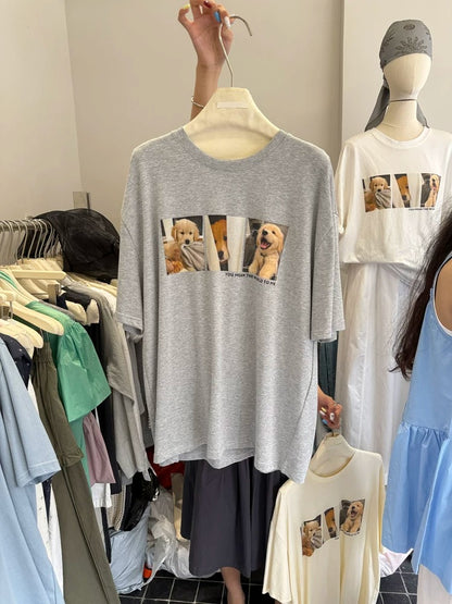 🐶百搭敲可愛狗勾印花大學短T(有大尺碼)