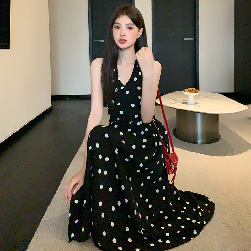 春夏法式可愛點點掛脖開衩中長裙