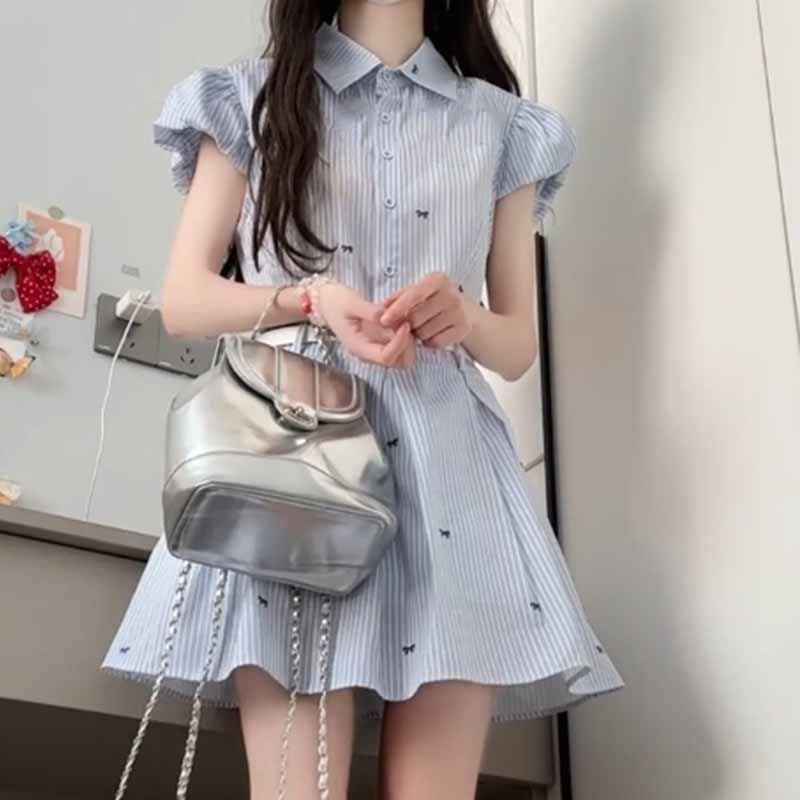 韓系小個子藍色條紋襯衫連衣裙
