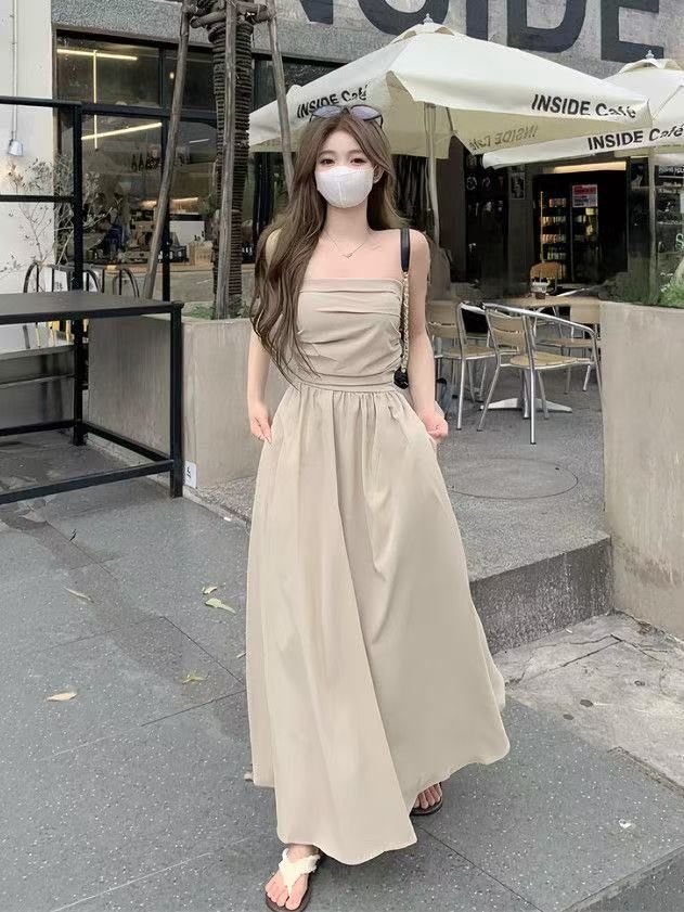 休閒皺褶抹胸連衣長裙