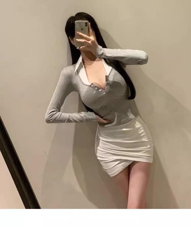 chic溫柔氣質撞色拼接翻領上衣