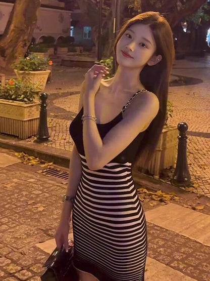 💕現貨秒出🍓韓系小個子條紋鏈條冰絲吊帶