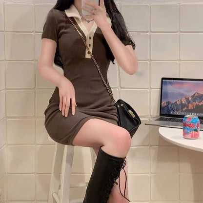撞色顯瘦POLO領包臀連身短裙