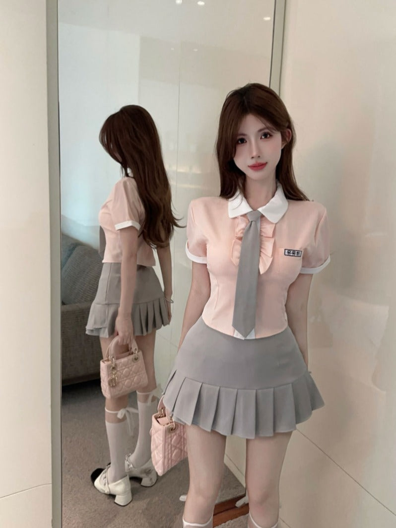 學院風淺粉JK制服套裝兩件套(含領帶)
