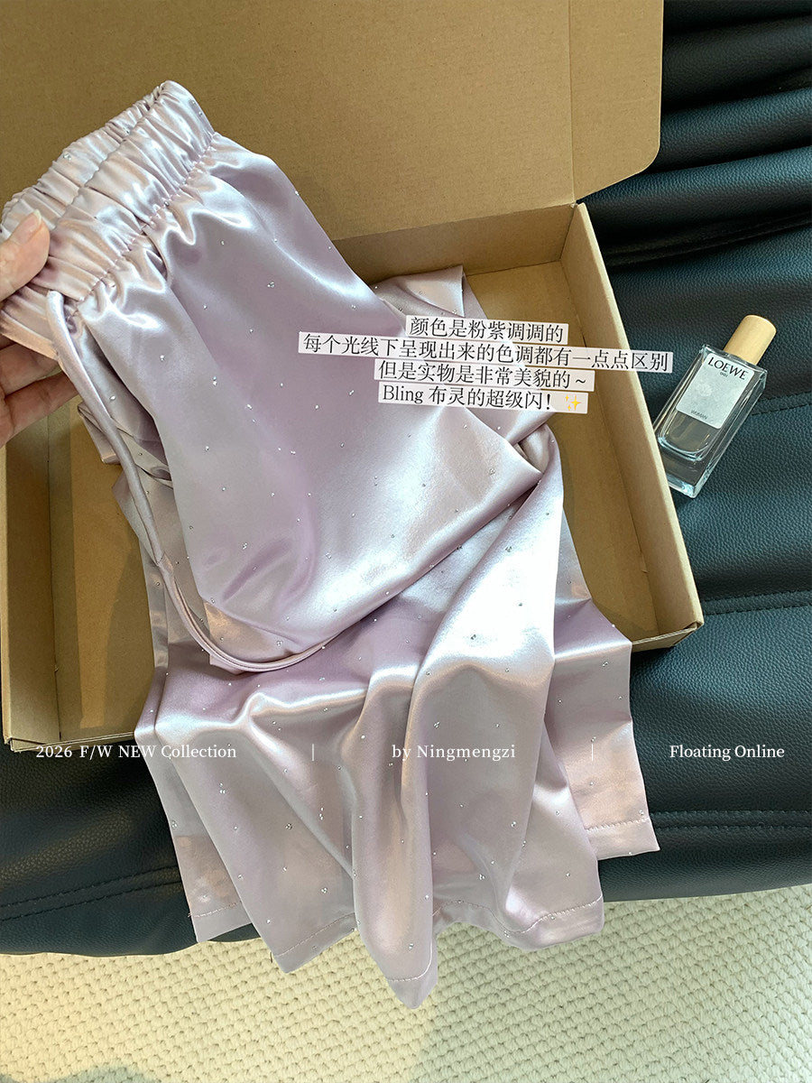 💎慵懶風紫色醋酸燙鑽垂感休閒寬褲🌟