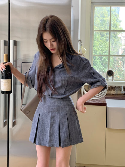 夏季紡牛仔襯衫上衣配百褶裙兩件套