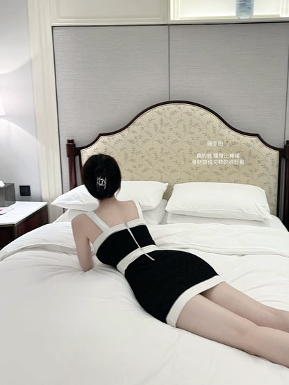 顯身材拼接寬吊帶冰絲連衣裙