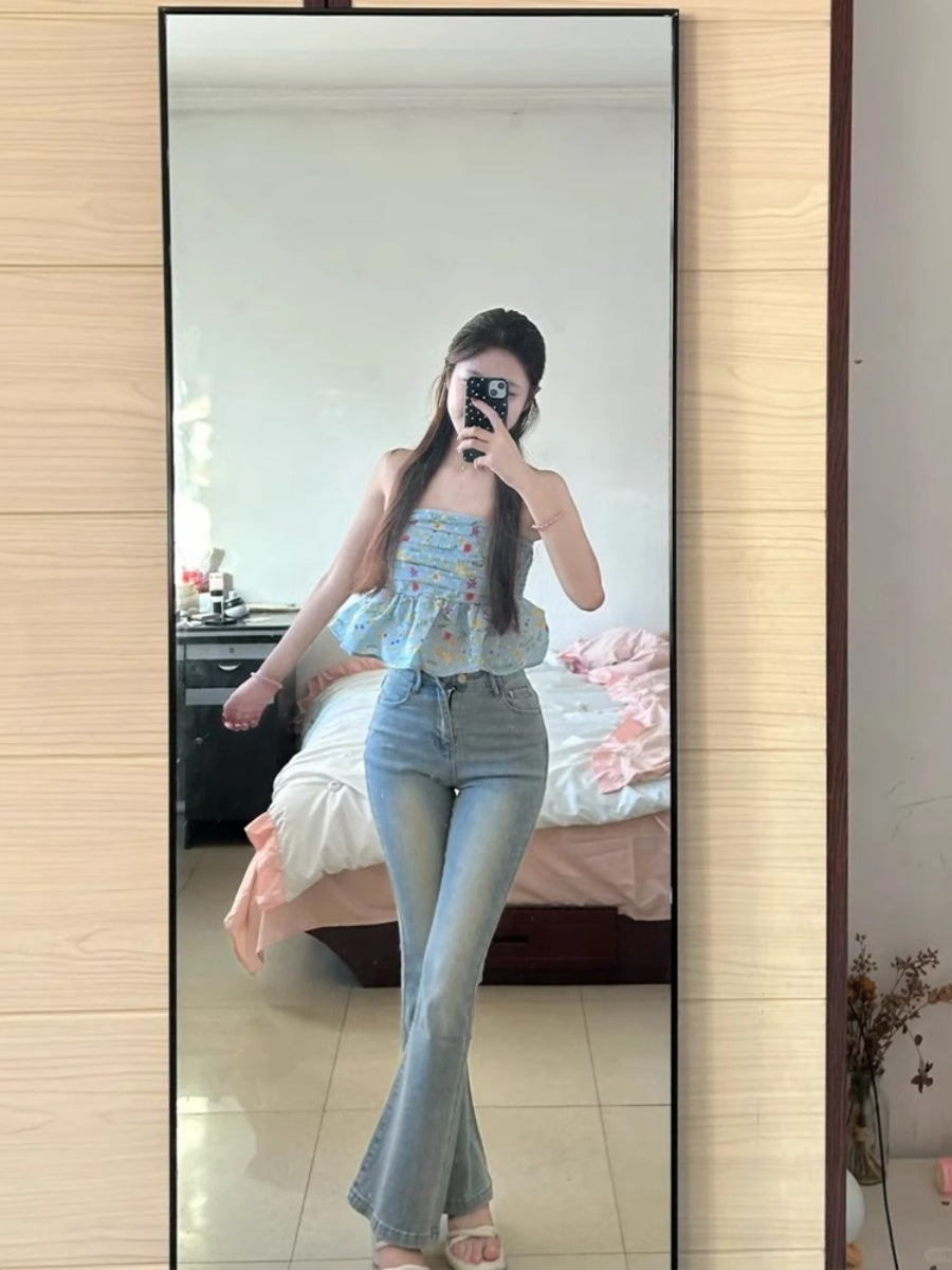 高腰微喇叭窄版小個子牛仔褲