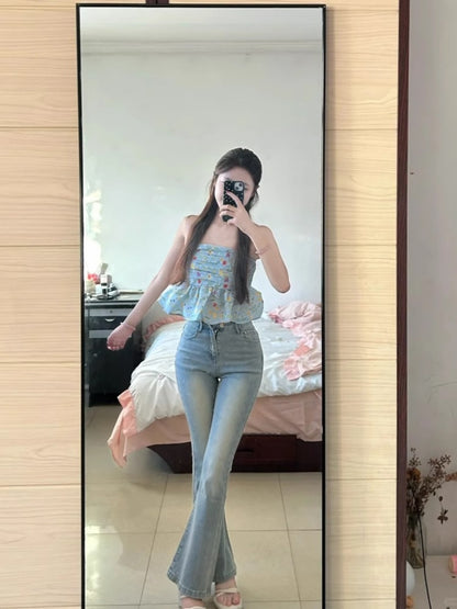 高腰微喇叭窄版小個子牛仔褲