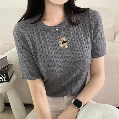 韓系chic圓領刺繡小熊麻花針織上衣