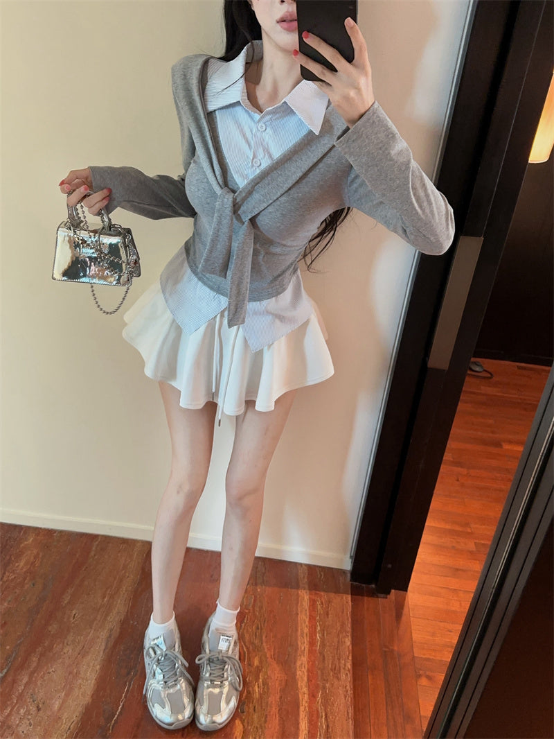 時尚假兩件披肩長袖拼接襯衫上衣