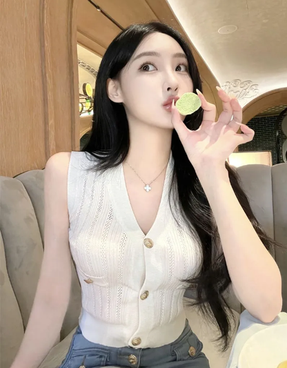 奢香名媛V領針織馬甲上衣
