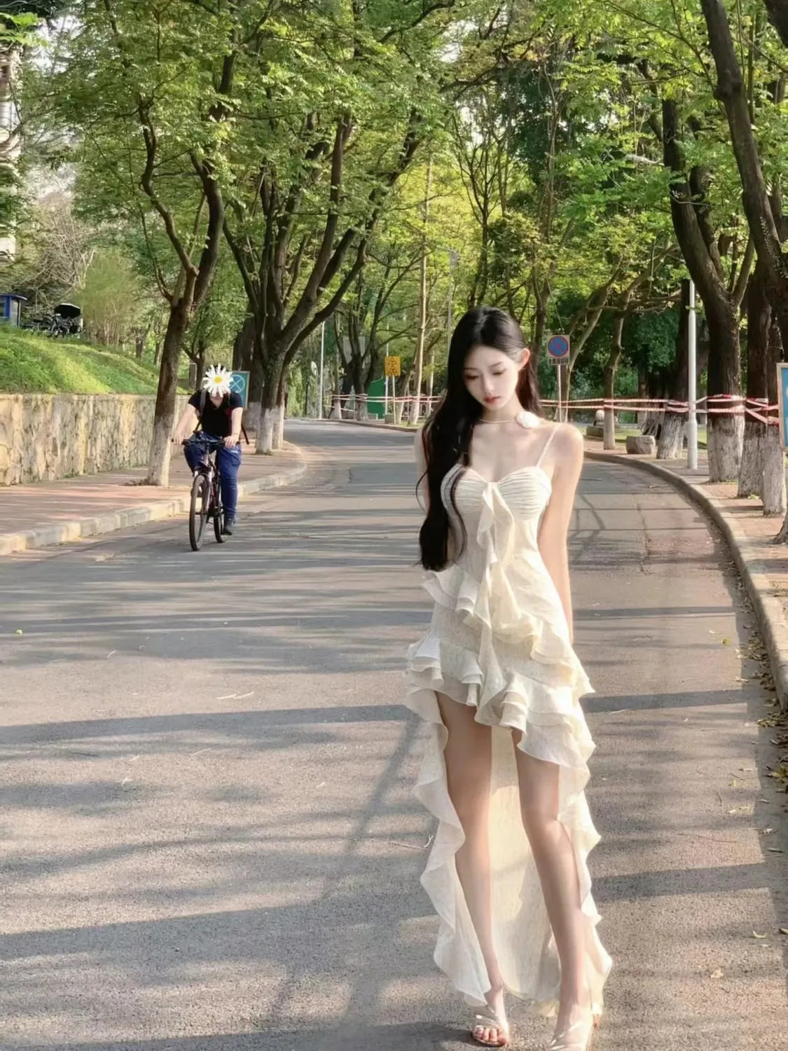💕現貨秒出🍓法式不規則荷葉邊吊帶連衣長裙(有大尺碼)