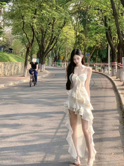 💕現貨秒出🍓法式不規則荷葉邊吊帶連衣長裙(有大尺碼)