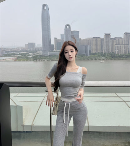 慵懶簡約假兩件斜肩灰色兩件套