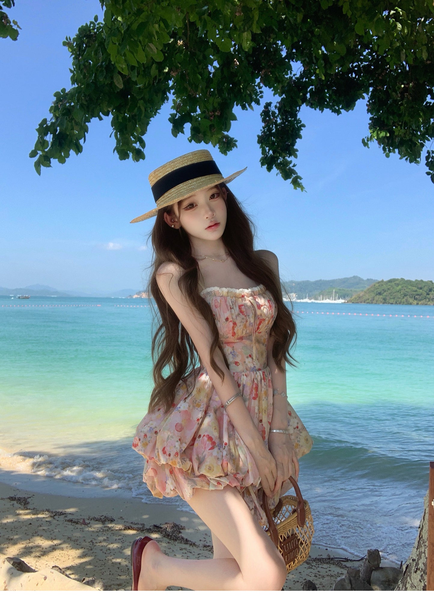 💕現貨秒出🍓ins風氛圍感度假吊帶花苞澎澎裙連衣裙