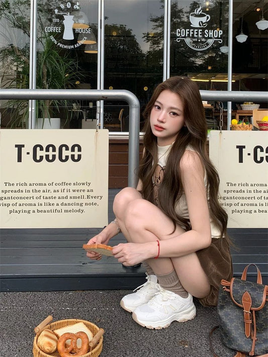 🧸美式復古圓領小熊印花背無袖上衣