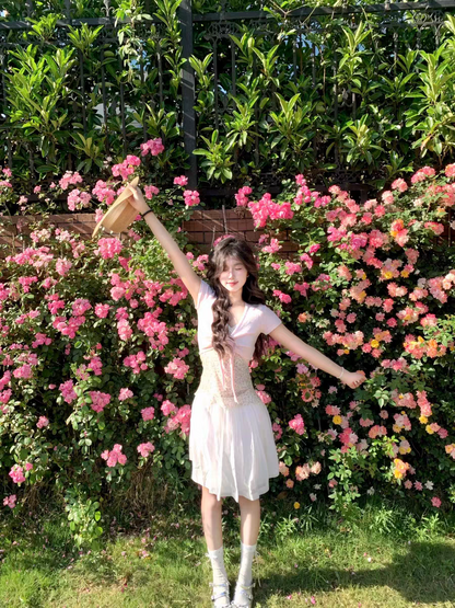 韓系疊穿短袖碎花針織開衫兩件套