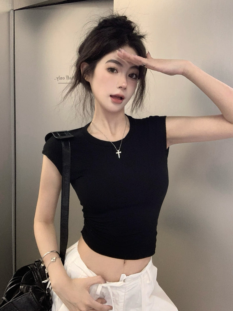 歐美后背交叉露背圓領正肩上衣