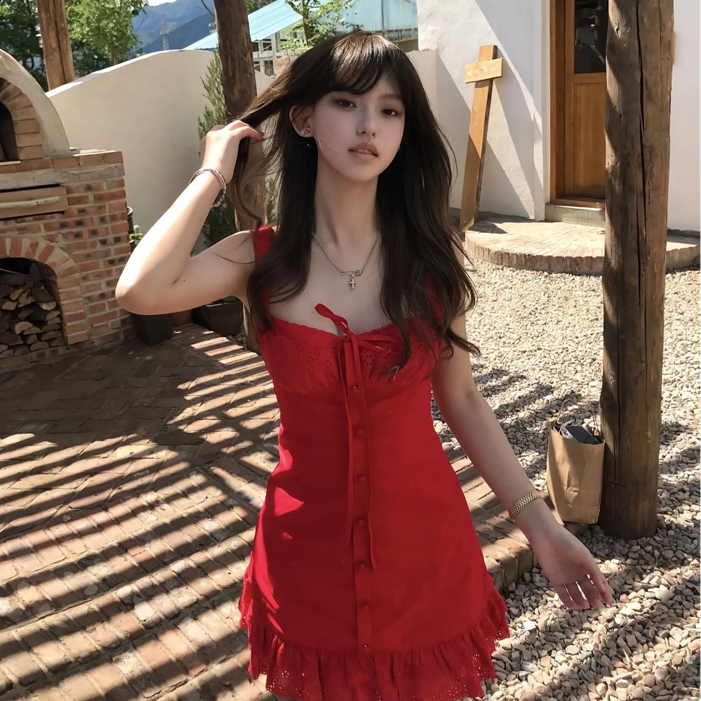 度假性感紅色吊帶連衣短裙