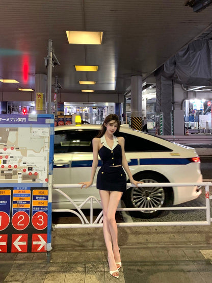 氣質獨特金扣掛脖無袖套裝
