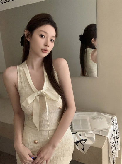 💕現貨秒出🍓小香風無袖收腰針織背心連衣裙