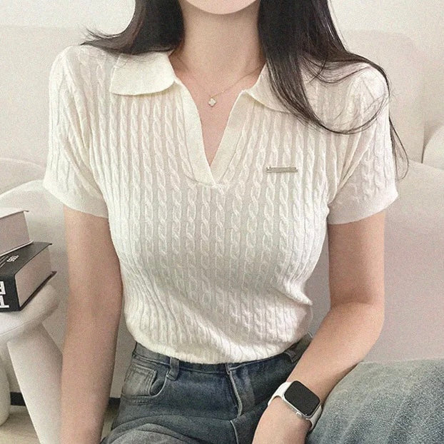 chic韓系百搭POLO領麻花冰絲上衣