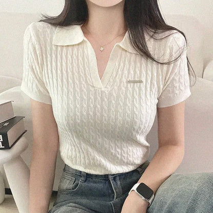 chic韓系百搭POLO領麻花冰絲上衣