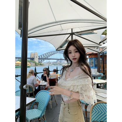 💕現貨秒出🍓溫柔一字肩蕾絲襯衫顯瘦上衣