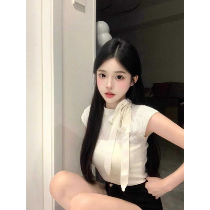 溫柔飄帶綁帶圓領短袖單品
