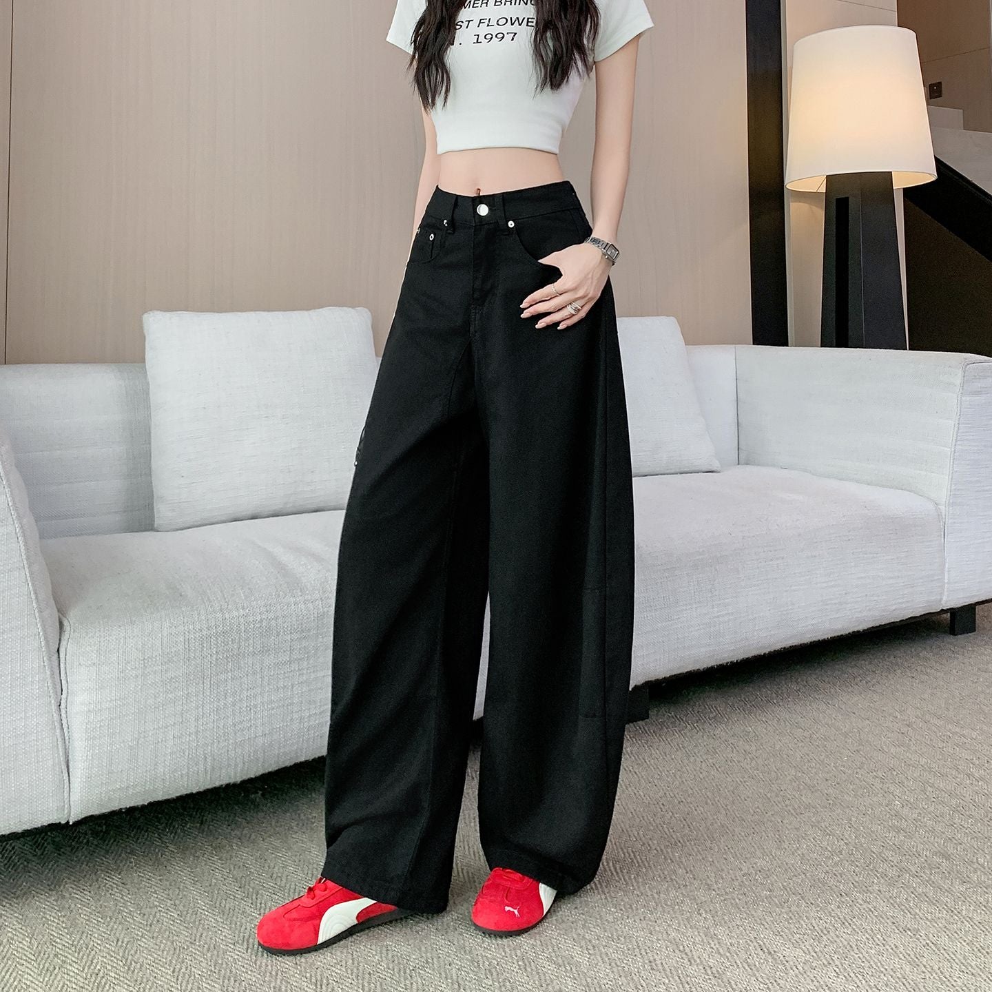 美式辣妹黑色垂感牛仔寬鬆長褲