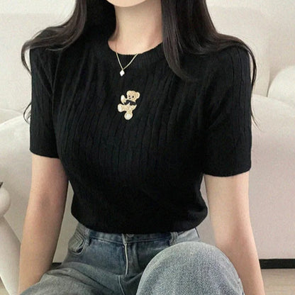 韓系chic圓領刺繡小熊麻花針織上衣