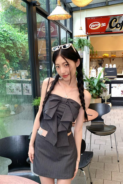 條紋抹胸氣質短裙兩件套