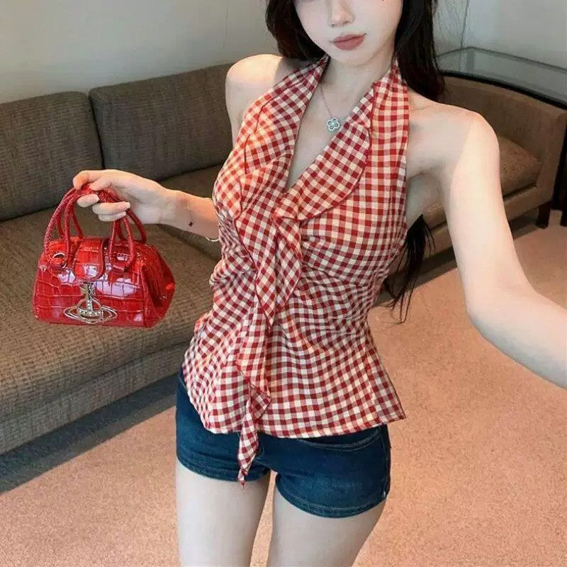 🕶️夏日紅色格子無袖掛脖背心❤️