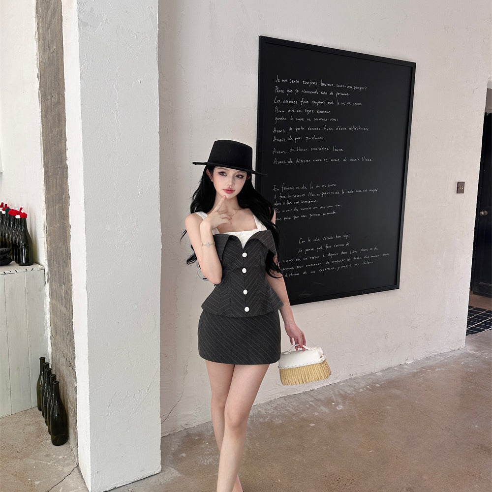 撞色條紋修身包臀兩件套