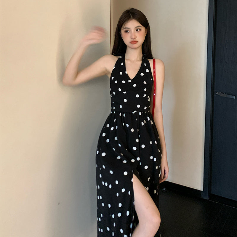 春夏法式可愛點點掛脖開衩中長裙