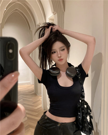 U領低胸短款露臍短T