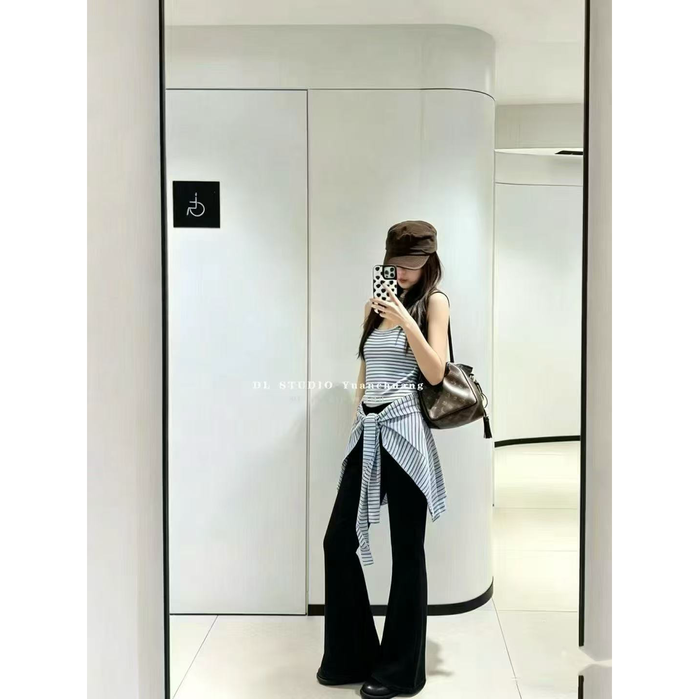 韓系條紋背心吊帶上衣+顯瘦喇叭長褲三件組