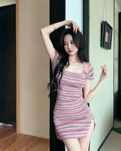 日常性感條紋連身小個子開衩裙