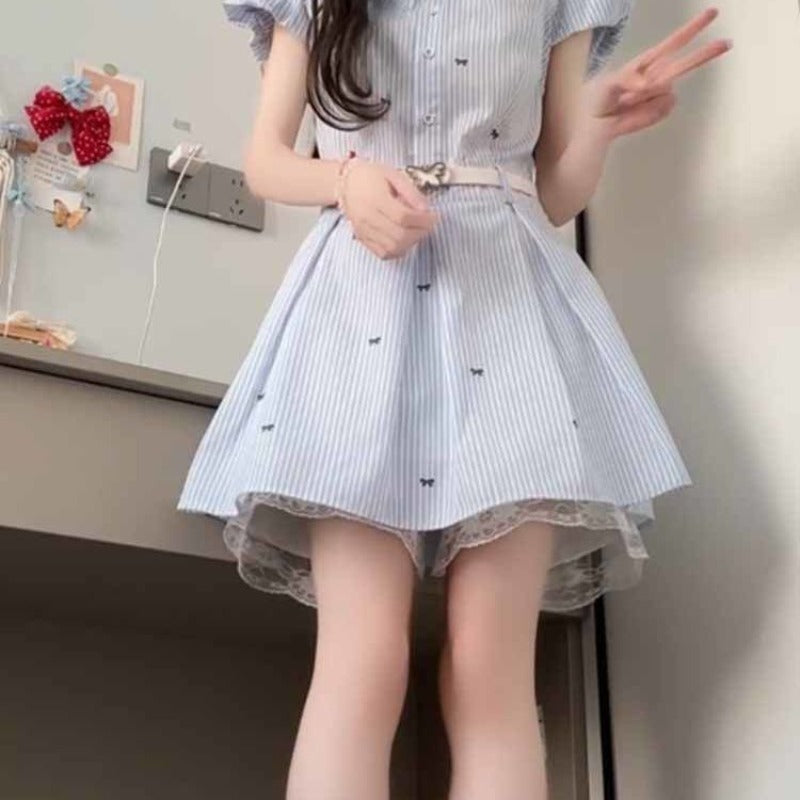 韓系小個子藍色條紋襯衫連衣裙