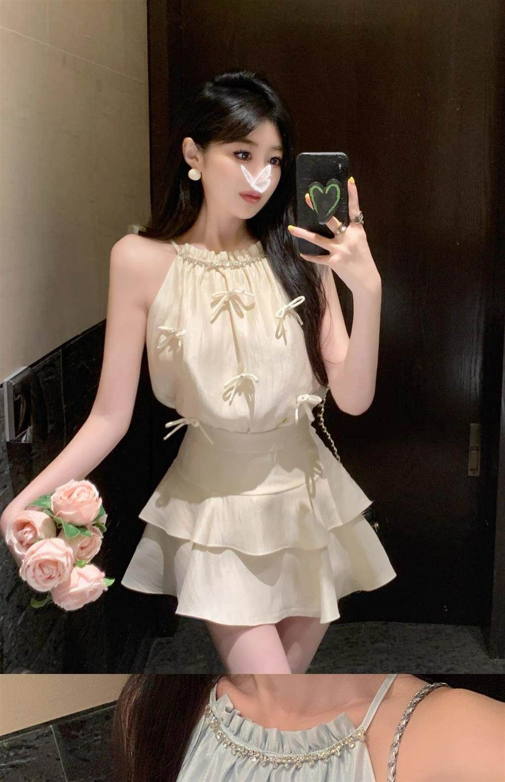 蝴蝶結掛脖背心蛋糕裙兩件套