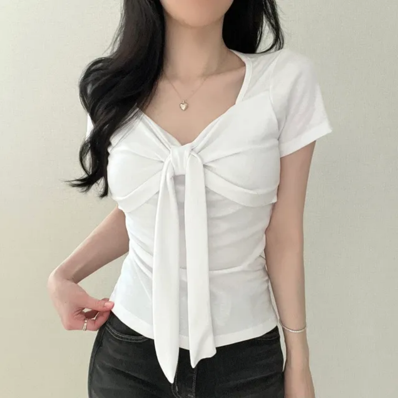 💕現貨秒出🍓韓系chic溫柔V領蝴蝶結短袖上衣
