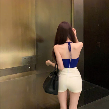 顯白寶藍色盪領修身吊帶衫露背短款上衣