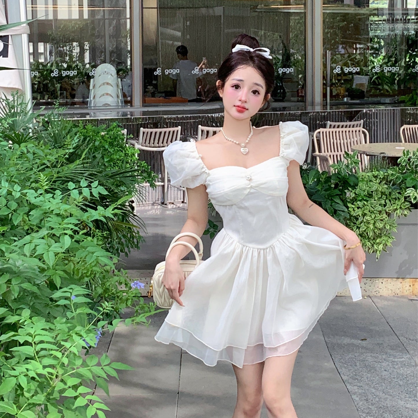 甜美生日宴會出片方領泡泡袖小禮服