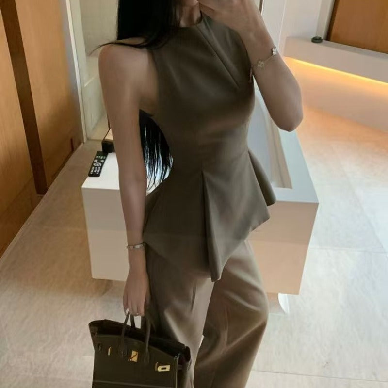 法式不對襯圓領無袖上衣兩件套(有大尺碼)