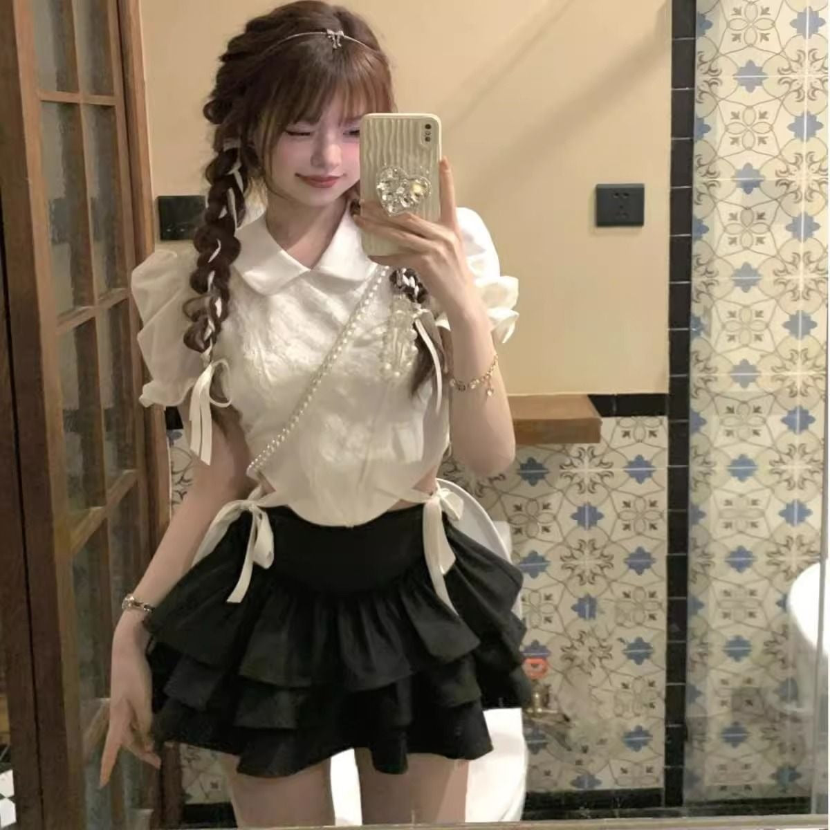 韓系蝴蝶結綁帶收腰蛋糕裙兩件套