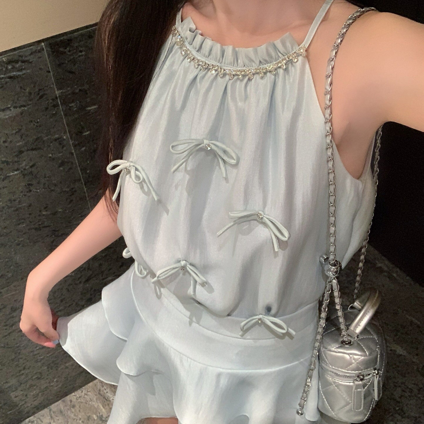 蝴蝶結掛脖背心蛋糕裙兩件套