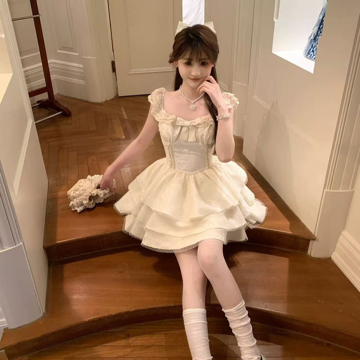 💕現貨秒出🍓溫柔蝴蝶結小飛袖公主澎澎裙