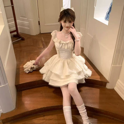 💕現貨秒出🍓溫柔蝴蝶結小飛袖公主澎澎裙