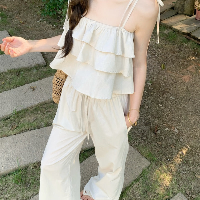 春夏清冷系荷葉邊配長褲兩件套